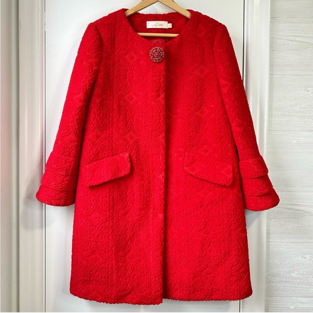 Avril: Red Textured A-Line Coat With Peplum Sleeves
